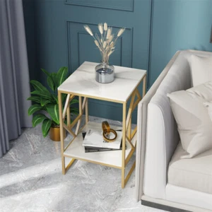 2 Tier Sofa Side End Table Small Marble Round Accent Table Nightstand Home Decor - Picture 1 of 17