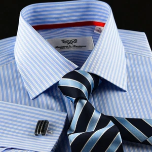 New Blue Striped Mens Business Dress Shirt Formal Luxury With Red Silk Trim Best - Picture 1 of 8