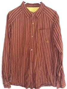 Mens Prana Button Down Shirt Sz L Brown Striped Cotton Embroidered Flowers - Picture 1 of 5