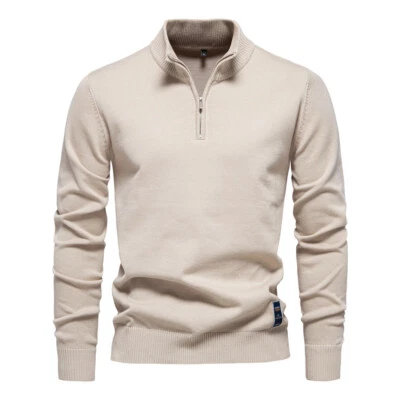 Men's Solid color Cotton Stand Up Collar Half Zip Knit Men's Sweater Top New Hot — 第 1/4 张图片
