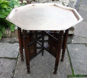  ANTIQUE  ANGLO/INDIAN  INLAID FOLDING  SIDE TABLE WITH BRASS TRAY    - Picture 1 of 11