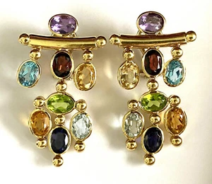 18K 750 Yellow Gold Peridot Amethyst Garnet Citrine Topaz Drop Ladies Earrings - Picture 1 of 12
