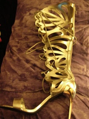 Silver faux leather spike heel strappy caged gladiator lace up sandal 8  8 1/2 - Image 1 of 3