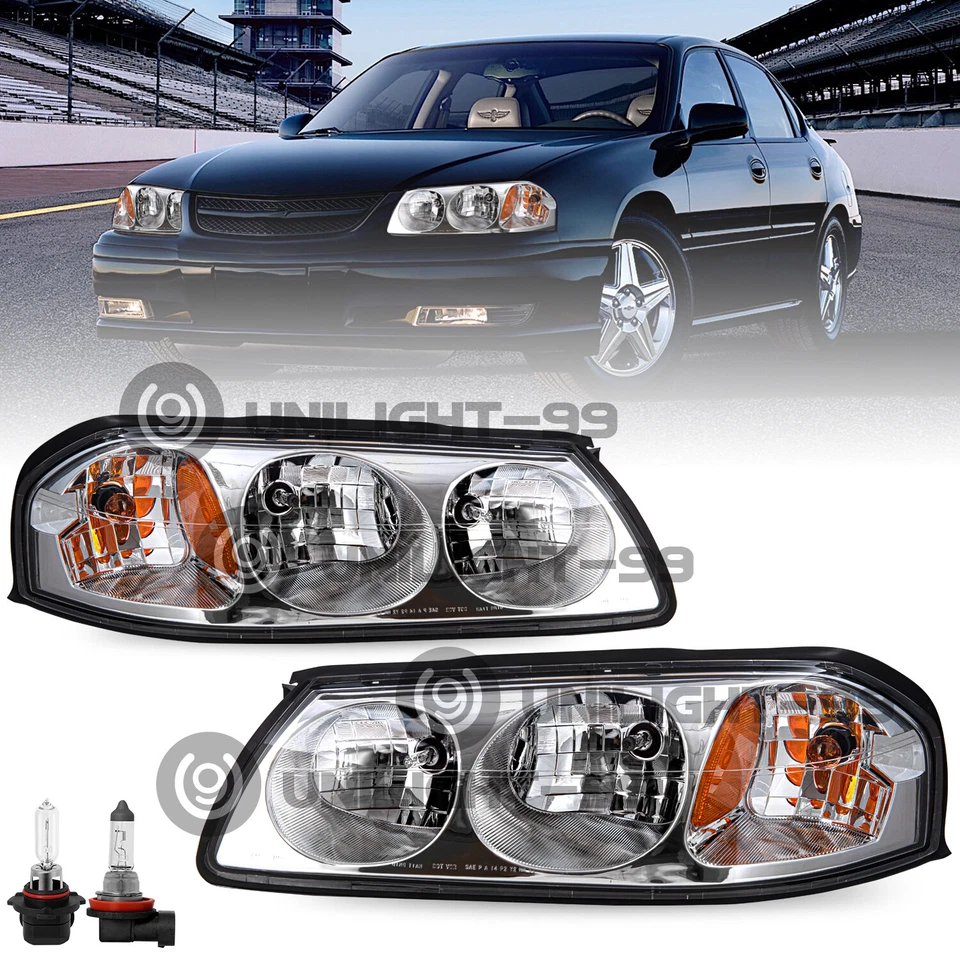 Пара хромированных желтых фар с лампами для Chevy Impala 2000-2005 годов выпуска 00-05 - Изображение 1 из 4