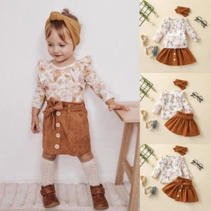 Säugling Kleinkind Baby Mädchen Kleidung Rüschen Blumen Shirt + Rock + Stirnband Outfits - Bild 1 von 9