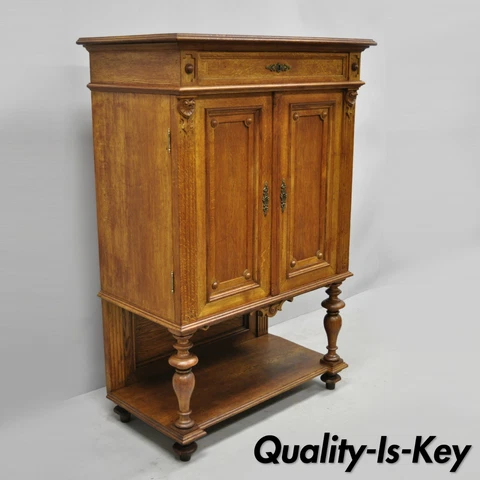 Early 20th C. French Renaissance Golden Oak Wood Small Cupboard China Cabinet Cover