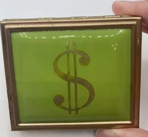 Vintage Petty Cash & Coin Holder with Green Cushion Top Dollar Sign Gold Tone - Picture 1 of 11