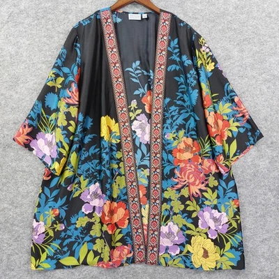 Susan Graver 3X Kimono Jacket Open Front Embroidered Edge Floral Satin Boho Plus - Image 1 of 4
