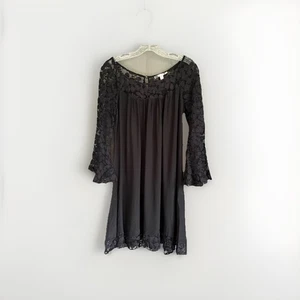 Rebecca Taylor Black Silk Dress Romantic Goth Lace Bell Sleeves Women's Size 8 - Picture 1 of 15