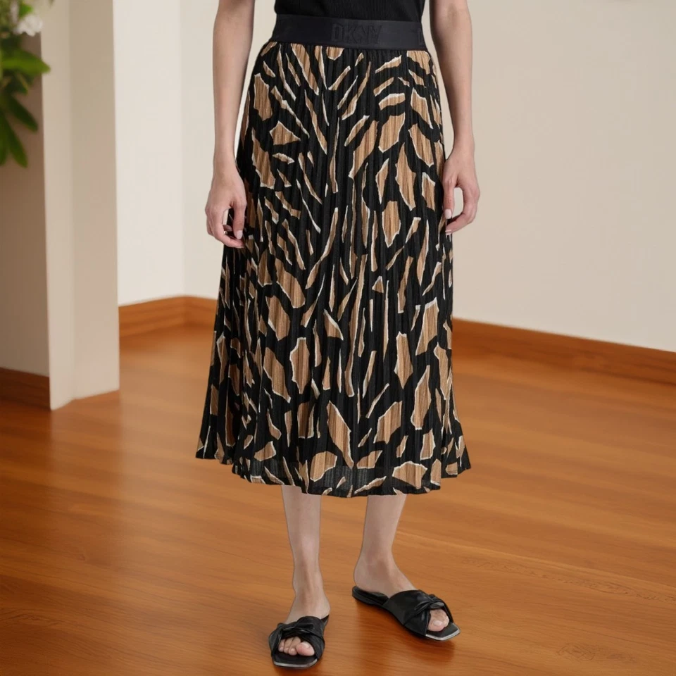 DKNY Women's Black Brown Pull-On Printed Midi Skirt Size M