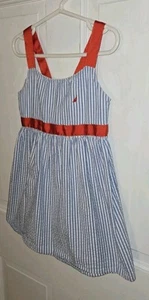 NAUTICA blue Seersucker Striped Red Grosgrain Ribbon Strappy Sundress. Girls 5 - Picture 1 of 7