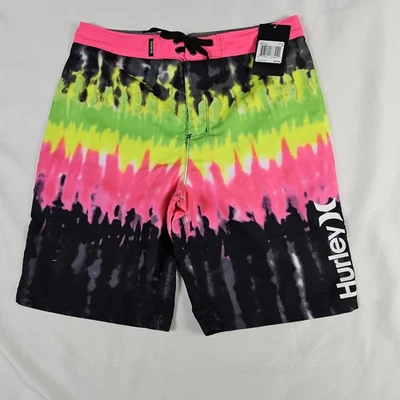 Hurley Black Fluorescent Tye Dye Board Shorts Boys 16 / 28 Pink Green - Image 1 of 4
