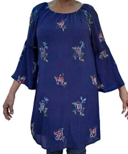 Anthropologie Fig & Flower Navy Dress Off Shoulder Embroidery 3/4 Bell Sleeve L - Picture 1 of 10
