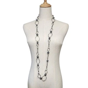 Lia Sophia Alpine Necklace Gray Faux Pearls Silver Tone Oval Link Chain 45-48" - Picture 1 of 4