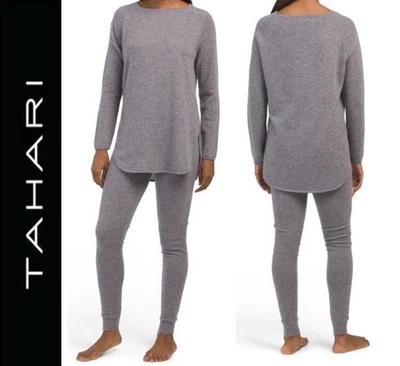 TAHARI Ultra Soft Cashmere Casual Lounge Fitted Pants & Top Set Pajama in Gray L - Image 1 of 4