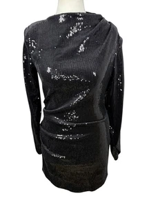 Zara Black Sequinned Sparkle Party Dress Women's Sz M Long Sleeved Festive Xmas - Picture 1 of 11