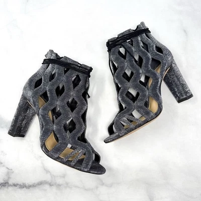 Sandalias Alexandre Birman Loretta Metálicas Enjauladas Tacón Bloque Botines Plateadas 38.5 Foto 1 de 4