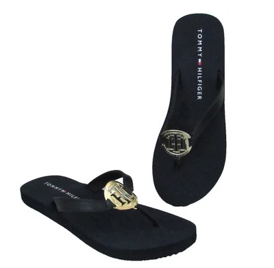 Sandalias chanclas Tommy Hilfiger para mujer talla 8 doradas TH medallón azul marino Foto 1 de 4