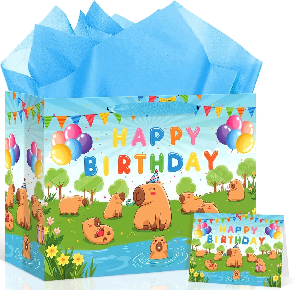 大号 Capybara 生日礼品袋,可爱 Capybara 包装纸袋黄色 Capybar — 第 1/4 张图片