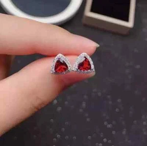 14K White Gold Plated Trillion Cut 2Ct Lab Created Red Garnet Women Stud Earring - Picture 1 of 4