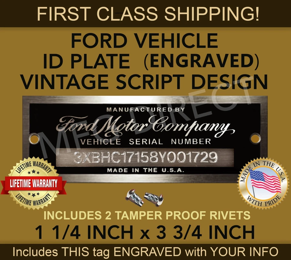 SERIAL NUMBER FORD ID TAG DATA PLATE VINTAGE SCRIPT DESIGN CUSTOM ENGRAVED USA - Image 1 of 1