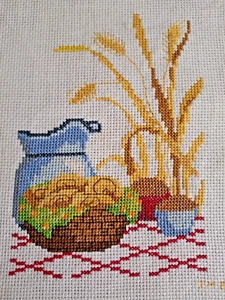 Handmade Cross Stitch Finished Art Work FALL Scene 6 x 4 Vintage 1980s - Picture 1 of 2
