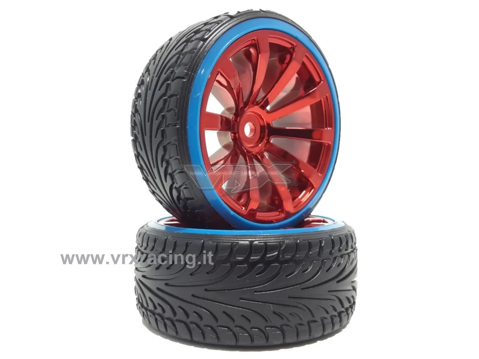 010B002C Coppia ruote complete di inserto 1/10 drift cerchio cromato rosso VRX - Immagine 1 di 1