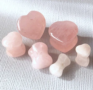 PAIR Heart Shaped Rose Quartz Stone Plugs Gauges Earlets Tunnels Body Jewelry - Picture 1 of 9