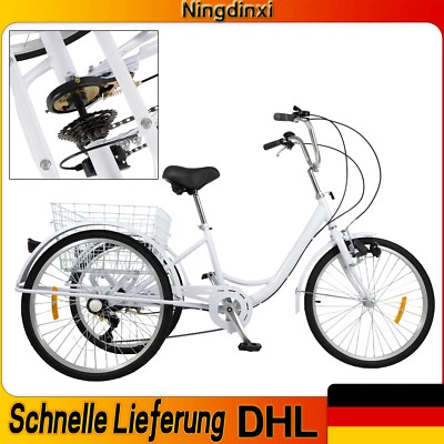 24 Zoll Dreirad Erwachsene 3-Räder Fahrrad 6 Gang Trike Mit Einkaufskorb & Licht - Bild 1 von 4