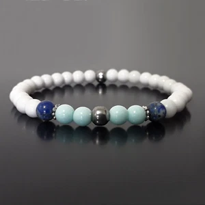 Bracciale con Pietre dure Lapislazzuli Blu perle Bianco Acciaio Lazio Uomo Donna - Foto 1 di 1