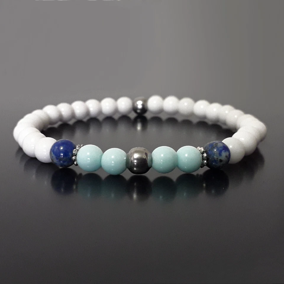 Bracciale con Pietre dure Lapislazzuli Blu perle Bianco Acciaio Lazio Uomo Donna - Immagine 1 di 1