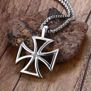 Men Silver Iron Cross Knights Templar Pendant Necklace Chain Punk Rock Jewelry - Picture 1 of 4