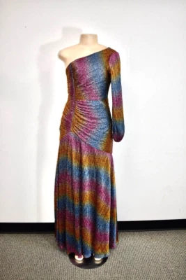 MONIQUE LHUILLIER Silk Mesh Long Evening Gown One Shoulder Size 6 US On Sale sn - Image 1 of 4