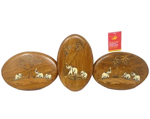 Asian Indian Inlaid Wooden Art Plaques Elephants And Palm Trees BP11 - Picture 1 of 11