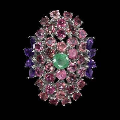 925 Anello Argento Sterling Rotondo Smeraldo Ametista Tormalina Gemma Taglia 9 - Immagine 1 di 4
