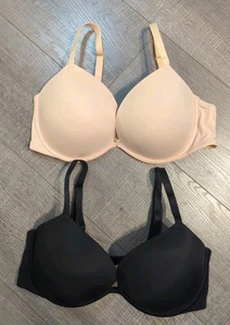 2 PINK Victoria's Secret 38D Wear Everywhere Super Push Up Bra Black/Beige READ - Picture 1 of 13