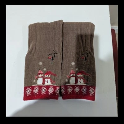 100% Cotton Festive Brown Snowman Towels. 1 Pr. Hand Towels - Image 1 of 4