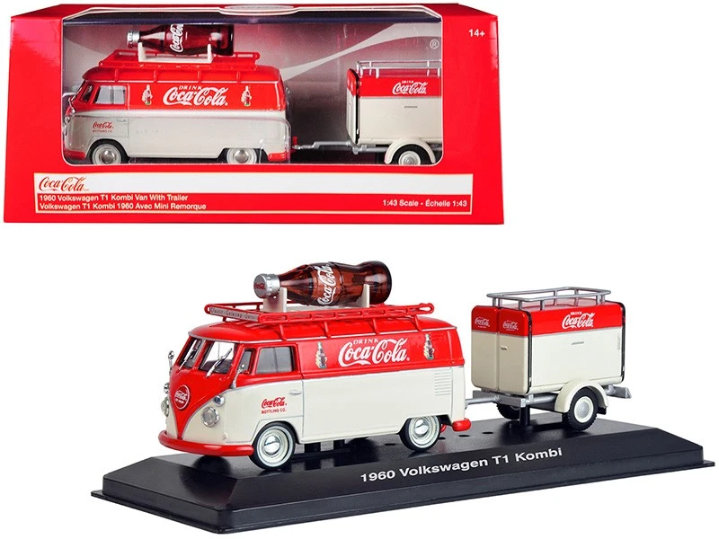 1960 VOLKSWAGEN T1 Kombi Van With Trailer Red and Cream Coca Cola 1/43 Diecast