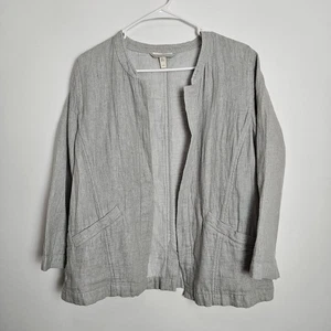 EILEEN FISHER Strickjacke Gr. M offene Jacke Bio Leinen Baumwolle Taschen Gaze grau - Bild 1 von 7