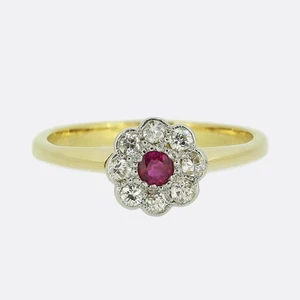 Art Deco ruby and Diamond Daisy Cluster Ring - Picture 1 of 4