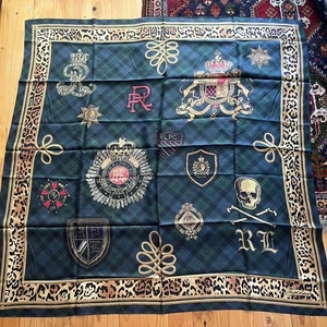 Polo Ralph Lauren Crest Skull Rugby College Silk Scarf 180x180cm Tartan Plaid - Picture 1 of 5