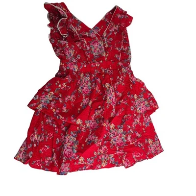 Betsey Johnson Red Floral Ruffle Tiered Skater Dress Womens Size L - Image 1 of 4
