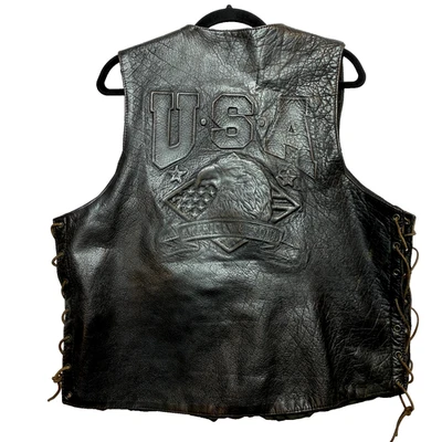 UNIK Premium Leather Vest Mens 46 Dark Brown Embossed Moto American Proud - Image 1 of 4