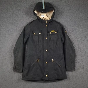 BARBOUR INTERNATIONAL giacca donna UK 10 nero volano parka cerato con cappuccio - Foto 1 di 13