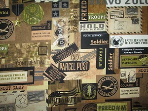 MILITARY MAIL USA LETTERS POSTAGE GREEN BRN COTTON FABRIC FQ - Picture 1 of 6