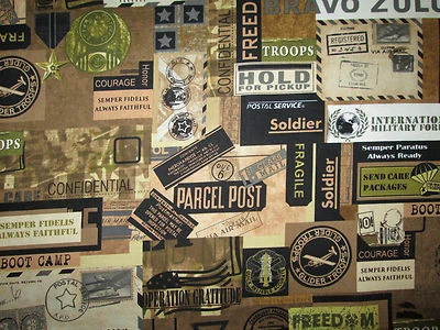 MILITARY MAIL USA LETTERS POSTAGE GREEN BRN COTTON FABRIC FQ - Image 1 of 4