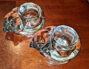2 ~ VINTAGE INDIAN GLASS ~ SLEEPING CAT CLEAR VOTIVE CANDLE HOLDER ~ MADE IN USA