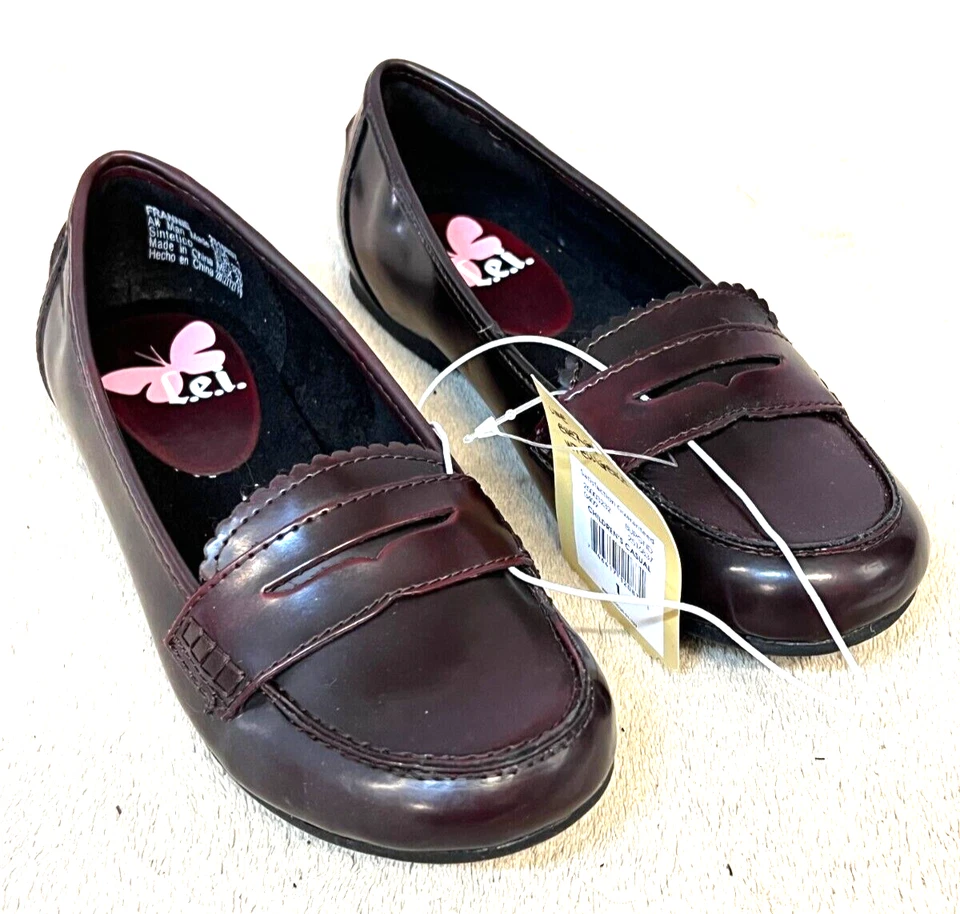 女孩 L.E.I. 平底鞋尺寸 1 勃艮第便士乐福鞋 拉装 全新带盒 "Frannie" [BX] — 第 1/4 张图片