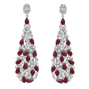 Ruby 5.99Cttw And Diamond 3.37Cttw Long Drop Earrings 14K White Gold  - Picture 1 of 4