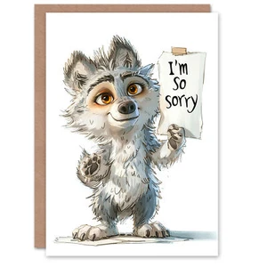 Cute Cheeky Wolf Pup Holding Sorry Sign Cartoon Apology Card - Bild 1 von 6